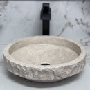 Round Tan Travertine Vessel Bathroom Sink - Handcrafted Natural Stone Above Counter Vanity Basin