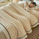 Honeycomb textured teal & cream cozy coral fleece bed blanket bedroom