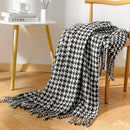 Houndstooth black & white throw blanket living room fringed decor