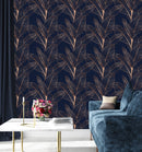 Dark Blue Wallpaper with Gold Leaves