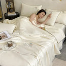 Ice rayon summer quilt cream bear floral embroidery bedroom blanket