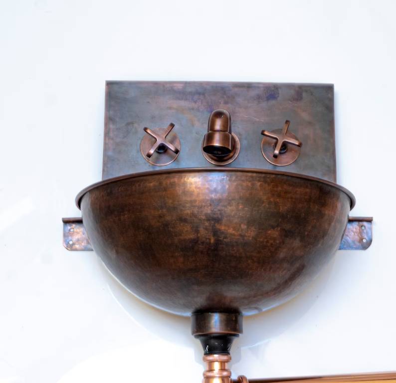 Copper Wall Mounted Bathroom Sink With Copper Mixer Faucet