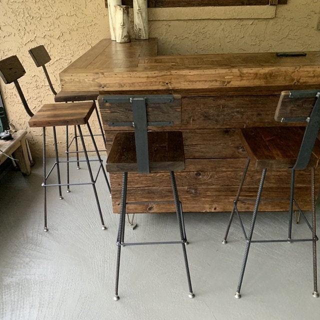 FREE SHIPPING - Counter Height Stool, Bar Stools Counter, Reclaimed Wood Stools, Coppersmith Stools, Rebar Chairs, Iron Bar Stool, Table Top