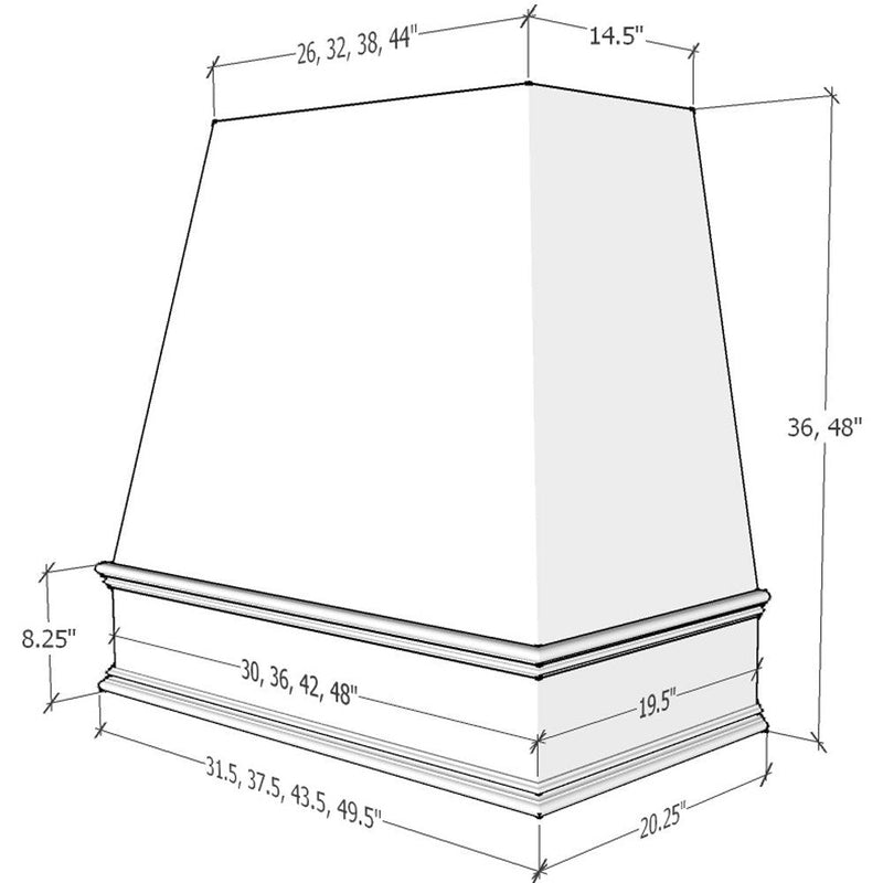 Unfinished Wood Range Hood With Tapered Front and Decorative Trim - 30", 36", 42", 48", 54" and 60" Widths Available