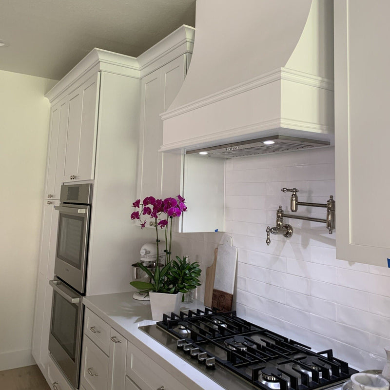 Unfinished Wood Range Hood With Sloped Front and Decorative Trim - 30", 36", 42", 48", 54" and 60" Widths Available
