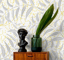 Botanical Wallpaper Featuring Stylized Leaves in Gray and Yellow - X038