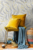 Botanical Wallpaper Featuring Stylized Leaves in Gray and Yellow - X038