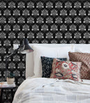 Folk Art Wallpaper with a Stylized Damask Motif in Black and White - X088