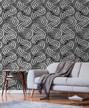 Abstract Wallpaper with Bold Wavy Lines in Black and White - X096