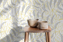 Botanical Wallpaper Featuring Stylized Leaves in Gray and Yellow - X038