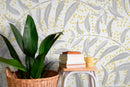 Botanical Wallpaper Featuring Stylized Leaves in Gray and Yellow - X038