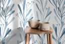 Watercolor Wallpaper Featuring Delicate Floral Stems in Blue - X058