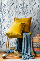 Watercolor Wallpaper Featuring Delicate Floral Stems in Blue - X058