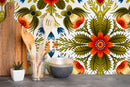 Folk Art Wallpaper with an Arabesque Floral Motif in Red, Green, and Blue - X122