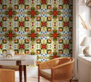Folk Art Wallpaper with an Arabesque Floral Motif in Red, Green, and Blue - X122