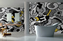Abstract Wallpaper with Bold Flowing Forms in Black, Yellow, and Grey - X135