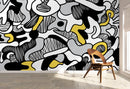 Abstract Wallpaper with Bold Flowing Forms in Black, Yellow, and Grey - X135