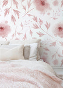 Watercolor Wallpaper with a Delicate Poppy Motif in Pink and Burgundy - X126