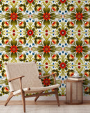 Folk Art Wallpaper with an Arabesque Floral Motif in Red, Green, and Blue - X122