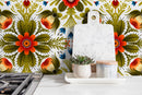 Folk Art Wallpaper with an Arabesque Floral Motif in Red, Green, and Blue - X122