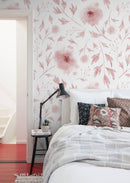 Watercolor Wallpaper with a Delicate Poppy Motif in Pink and Burgundy - X126
