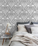Art Nouveau Wallpaper with a Stylized Floral Fan Motif in Shades of Gray - X140