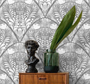 Art Nouveau Wallpaper with a Stylized Floral Fan Motif in Shades of Gray - X140