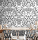 Art Nouveau Wallpaper with a Stylized Floral Fan Motif in Shades of Gray - X140