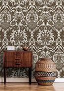 Art Nouveau Wallpaper with Vintage Stylized Floral Motifs in Brown and White - X174