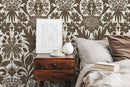 Art Nouveau Wallpaper with Vintage Stylized Floral Motifs in Brown and White - X174