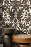 Art Nouveau Wallpaper with Vintage Stylized Floral Motifs in Brown and White - X174