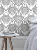 Art Nouveau Wallpaper with a Stylized Floral Damask Motif in Gray and White - X172