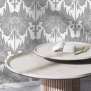 Art Nouveau Wallpaper with a Stylized Floral Damask Motif in Gray and White - X172