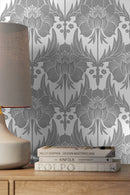 Art Nouveau Wallpaper with a Stylized Floral Damask Motif in Gray and White - X172