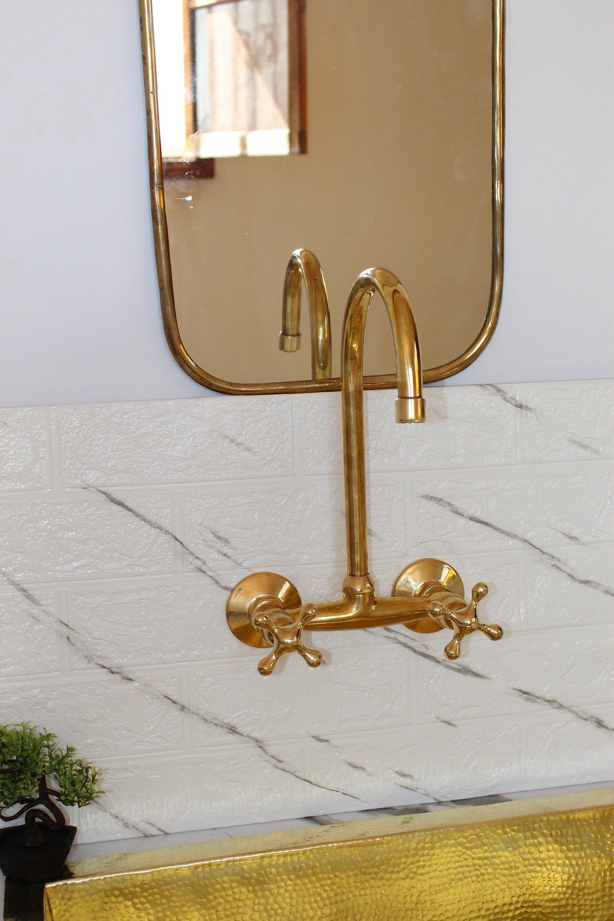 Unlacquered Engraved Brass Wall Mount Faucet , Handcrafted Unlacquered Brass discount Wall Mount Bathroom Faucet With Cross Handles.