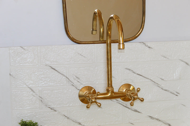 Unlacquered Brass Kitchen Wall Mount Faucet With Cross Handles