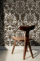 Art Nouveau Wallpaper with Vintage Stylized Floral Motifs in Brown and White - X174