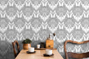 Art Nouveau Wallpaper with a Stylized Floral Damask Motif in Gray and White - X172