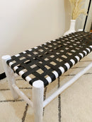 White Leather Wood Bench - Boho Handmade Wooden Bench