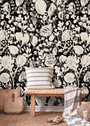 Floral Wallpaper with Abstract Brushstroke Blooms in Black and Beige - X188
