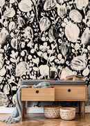Floral Wallpaper with Abstract Brushstroke Blooms in Black and Beige - X188