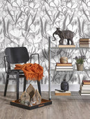 Floral Wallpaper with an Abstract Painterly Motif in White and Grey - X191
