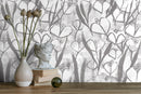 Floral Wallpaper with an Abstract Painterly Motif in White and Grey - X191