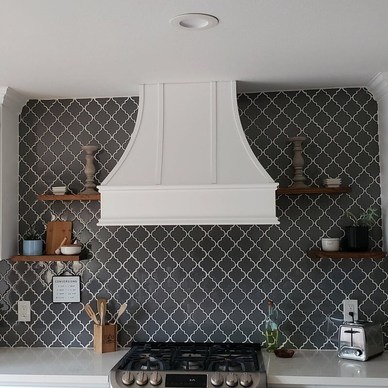White Range Hood With Curved Strapped Front and Decorative Trim - 30", 36", 42", 48", 54" and 60" Widths Available