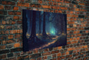 Fireflies light up a mystical fantasy forest at night, framed canvas art, framed print
