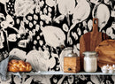 Floral Wallpaper with Abstract Brushstroke Blooms in Black and Beige - X188