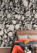 Floral Wallpaper with Abstract Brushstroke Blooms in Black and Beige - X188