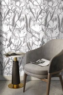Floral Wallpaper with an Abstract Painterly Motif in White and Grey - X191