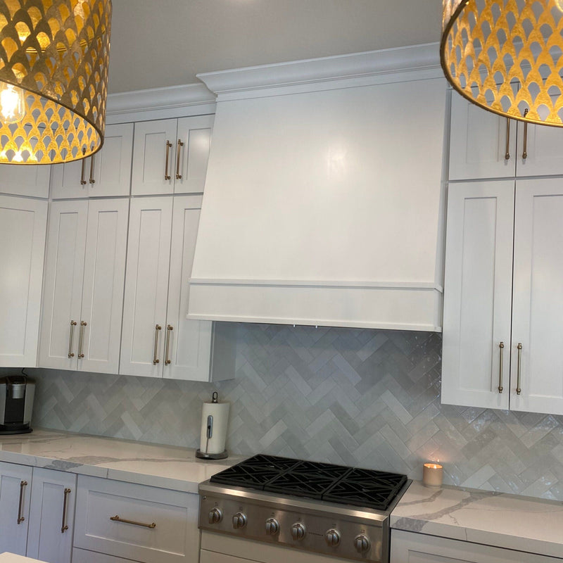 White Wood Range Hood With Angled Front and Decorative Trim - 30", 36", 42", 48", 54" and 60" Widths Available