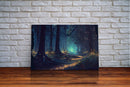 Fireflies light up a mystical fantasy forest at night, framed canvas art, framed print